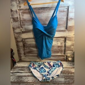Twist-Front Teal Two-Piece Swimsuit with Tropical Briefs